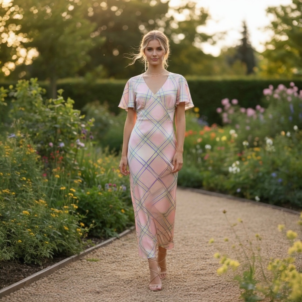 Petal & Pup Dress Satin Pink Plaid Maxi Dress Size Med (Video)